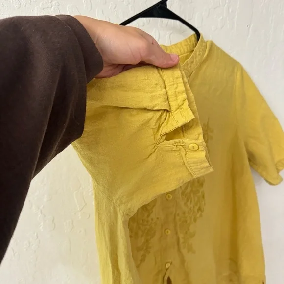 Yellow Linen Cotton Blend Boxy Embroidered Button Down Short Sleeve - Picture 3 of 6